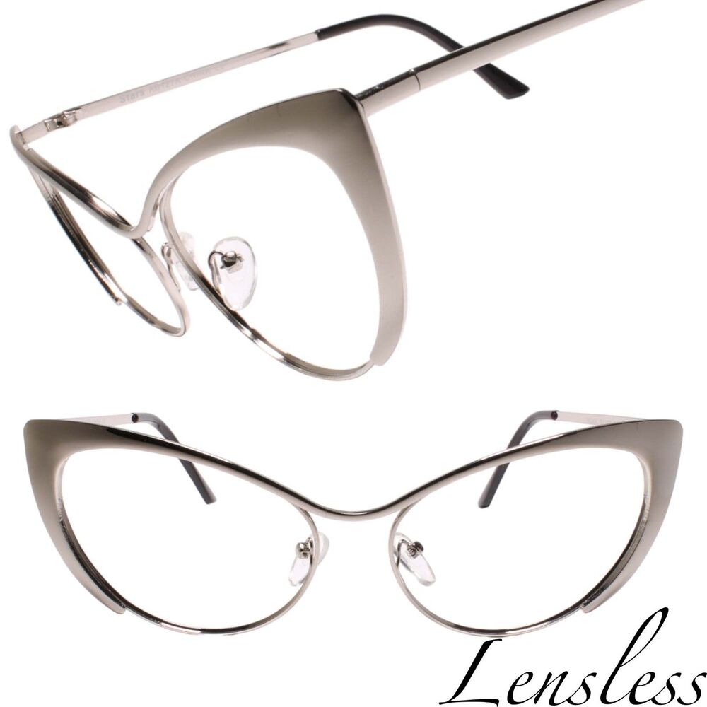 Retro Sophisticated Cat Eye Sleek Metallic Silver Frames Lensless Eye Glasses